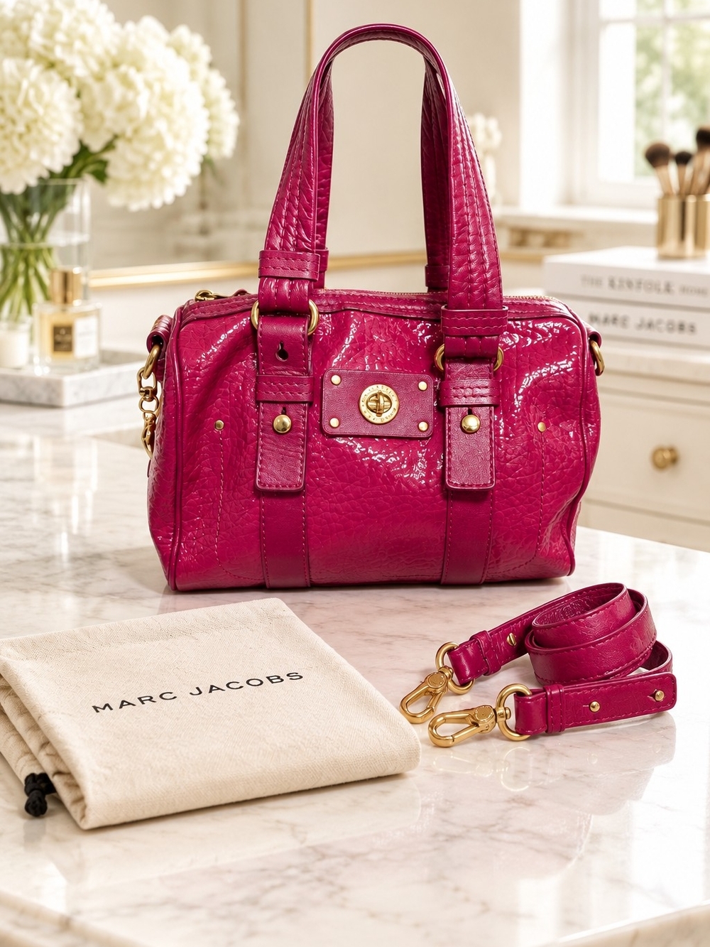Rare Marc Jacobs Peony Patent Leather Satchel with Gold Hardware